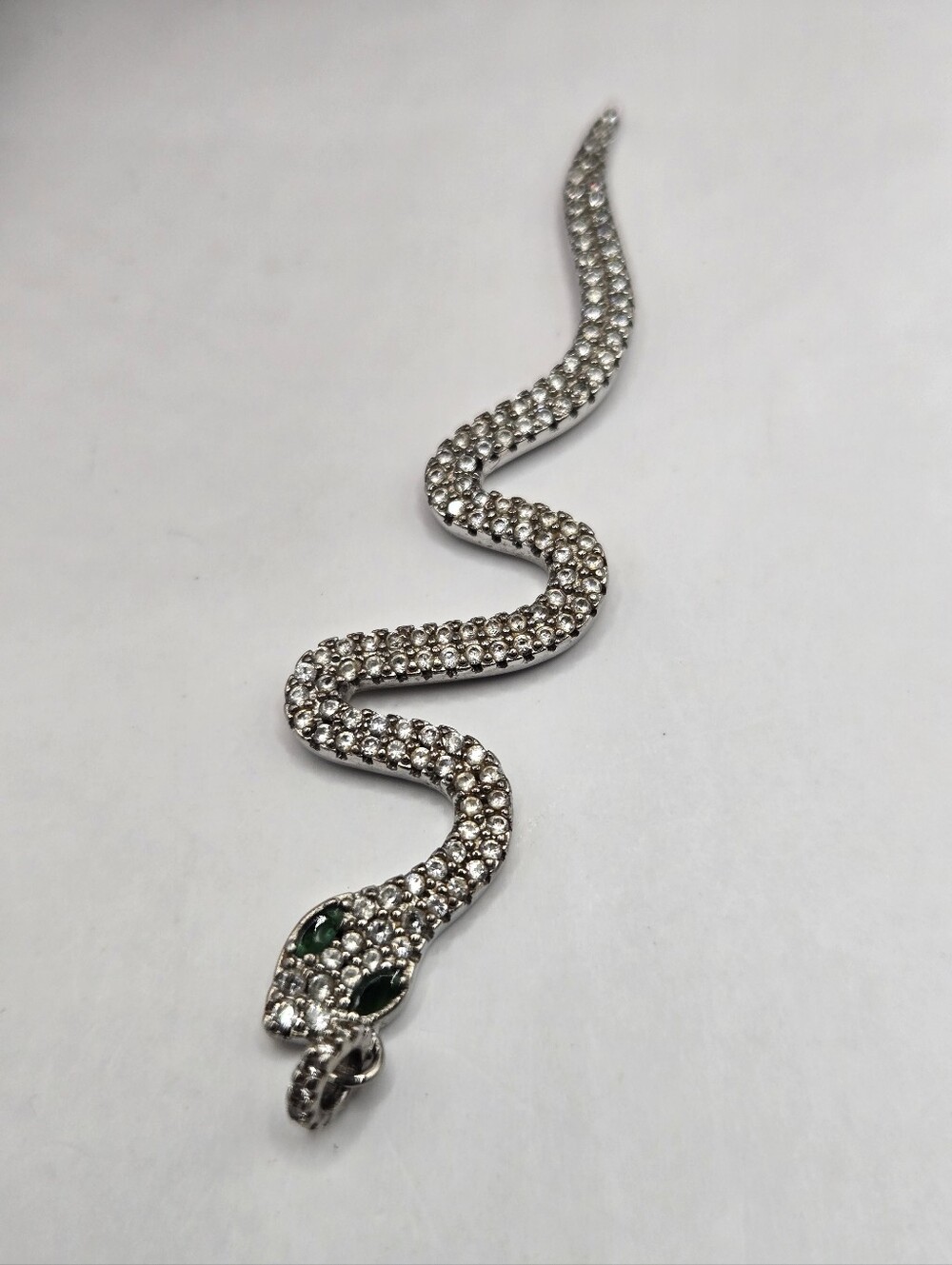 Sterling Silver Snake-Shaped Reptile with Green Eyes Pendant